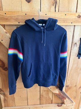 GAP Navy Hoodie with Rainbow Sleeve Stripes, Small